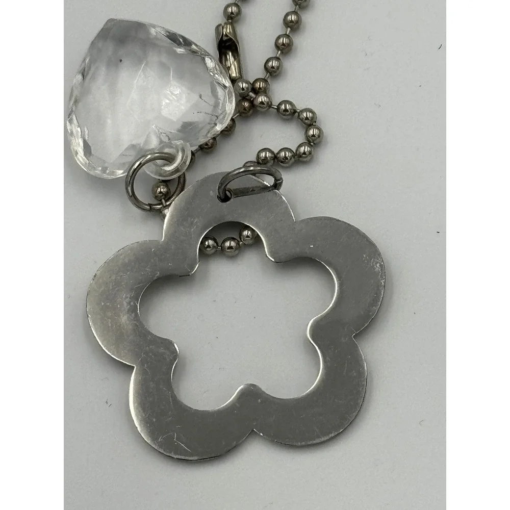 Tan Enamel Flower and Faceted Clear Heart Charm Keychain Silver Tone Ball‎ Chain